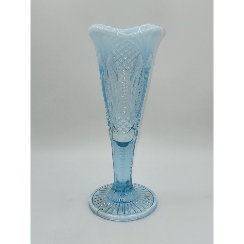 Mosser 1970s Aqua Opalescent Glass Vase Diamond Pattern Pedestal Vase 10"